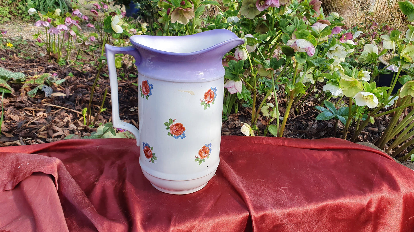 Superb Huge Floral and White Vintage White Ewer Jug From Basin Set Victorian Pink Roses Ceramic Jug 1920’s.