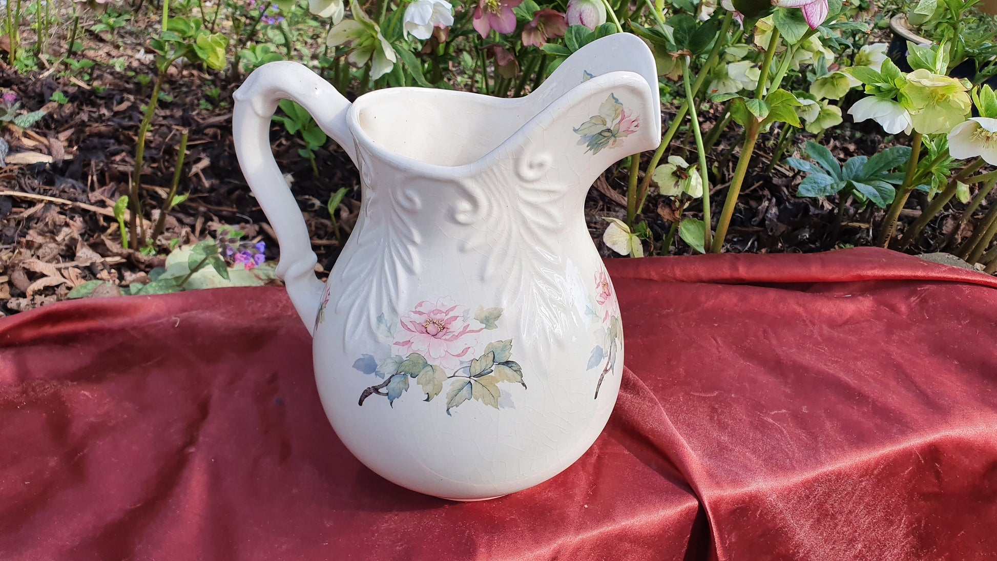 Large Flower and White Vintage White Ewer Jug Ceramic Ironstone 1960’s.