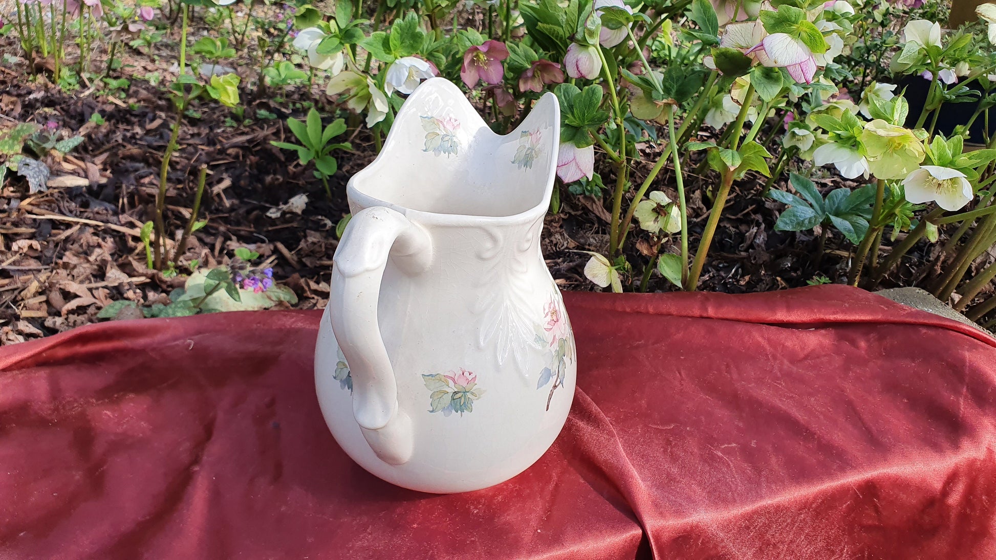 Large Flower and White Vintage White Ewer Jug Ceramic Ironstone 1960’s.