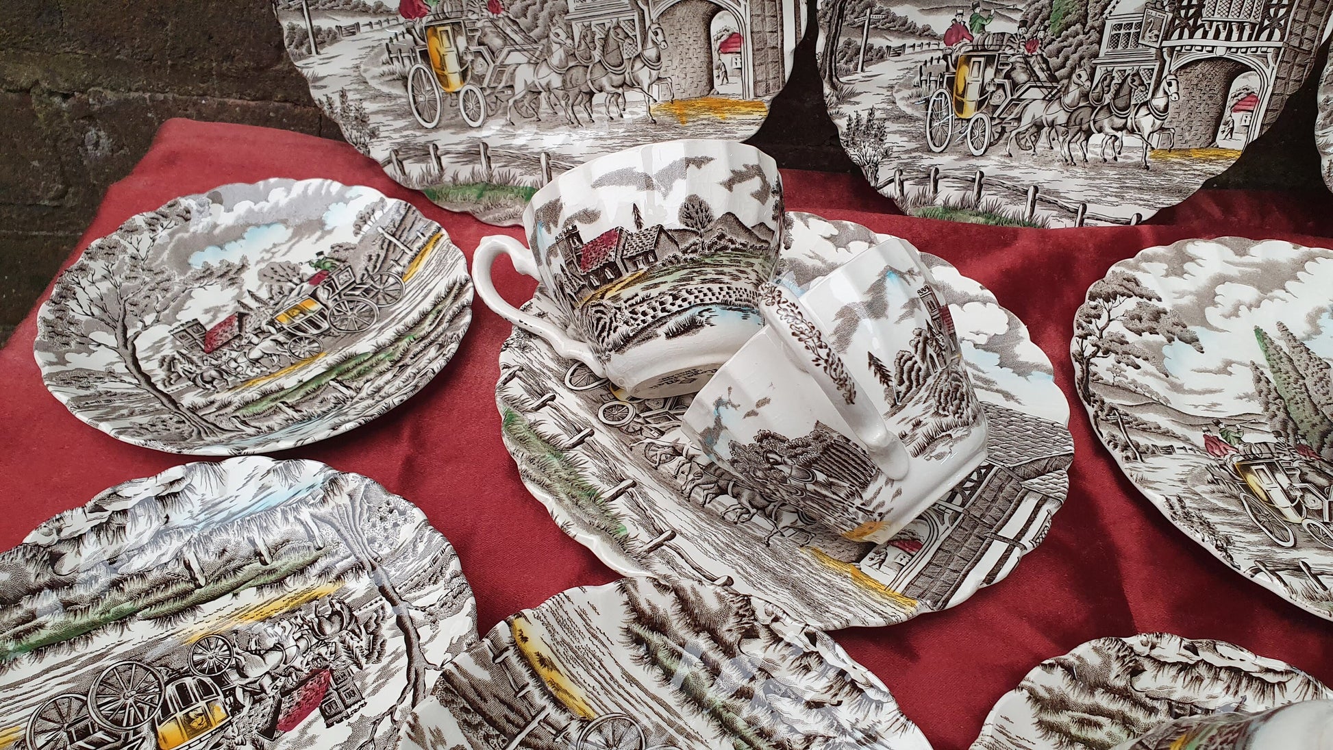 Vintage Tea Set Myott Royal Mail Staffordshire Ware Ironstone Cups Saucers Side Plates Coloured Pattern