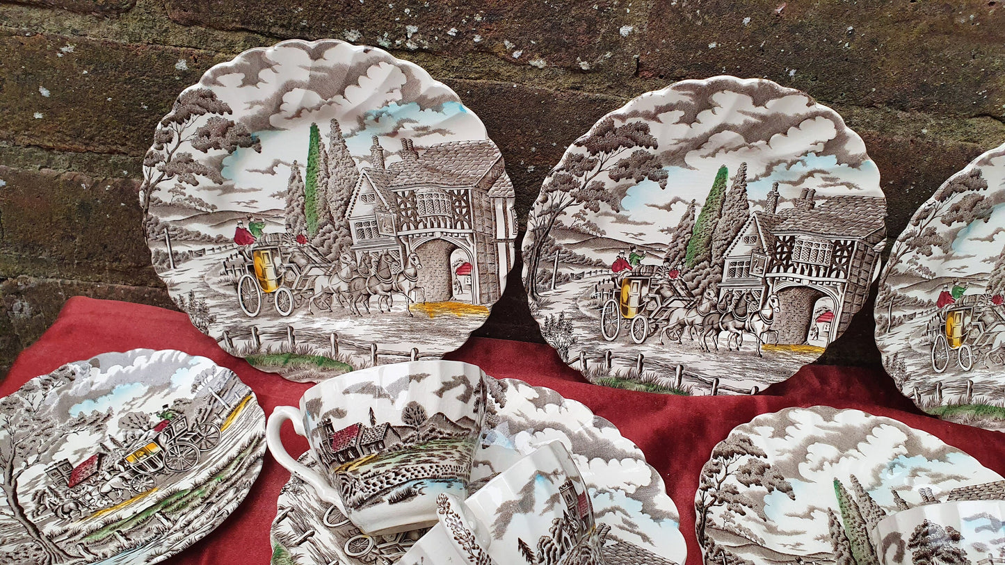 Vintage Tea Set Myott Royal Mail Staffordshire Ware Ironstone Cups Saucers Side Plates Coloured Pattern