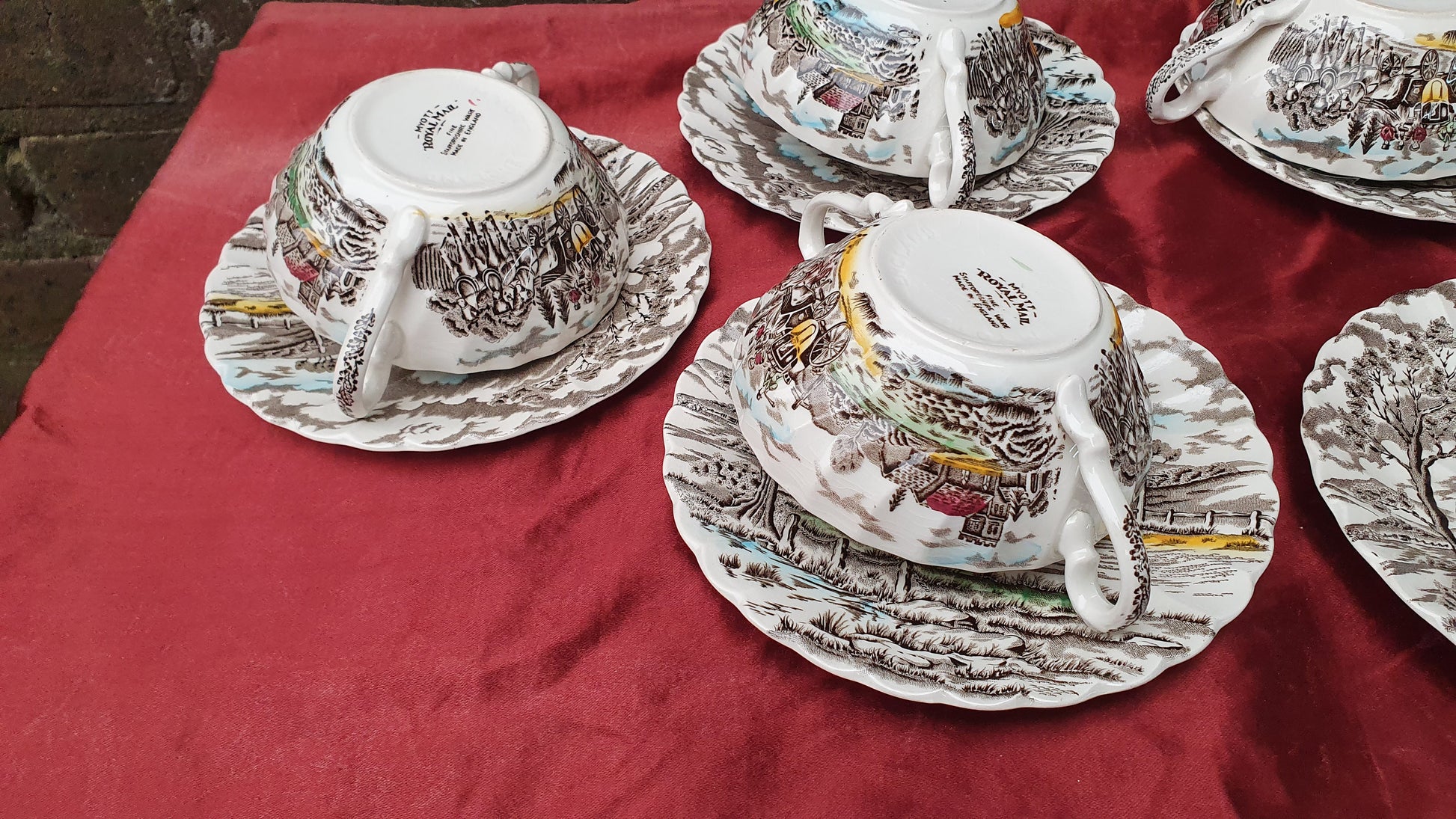 Vintage Soup Bowl Set Myott Royal Mail Staffordshire Ware Ironstone Saucers Coloured