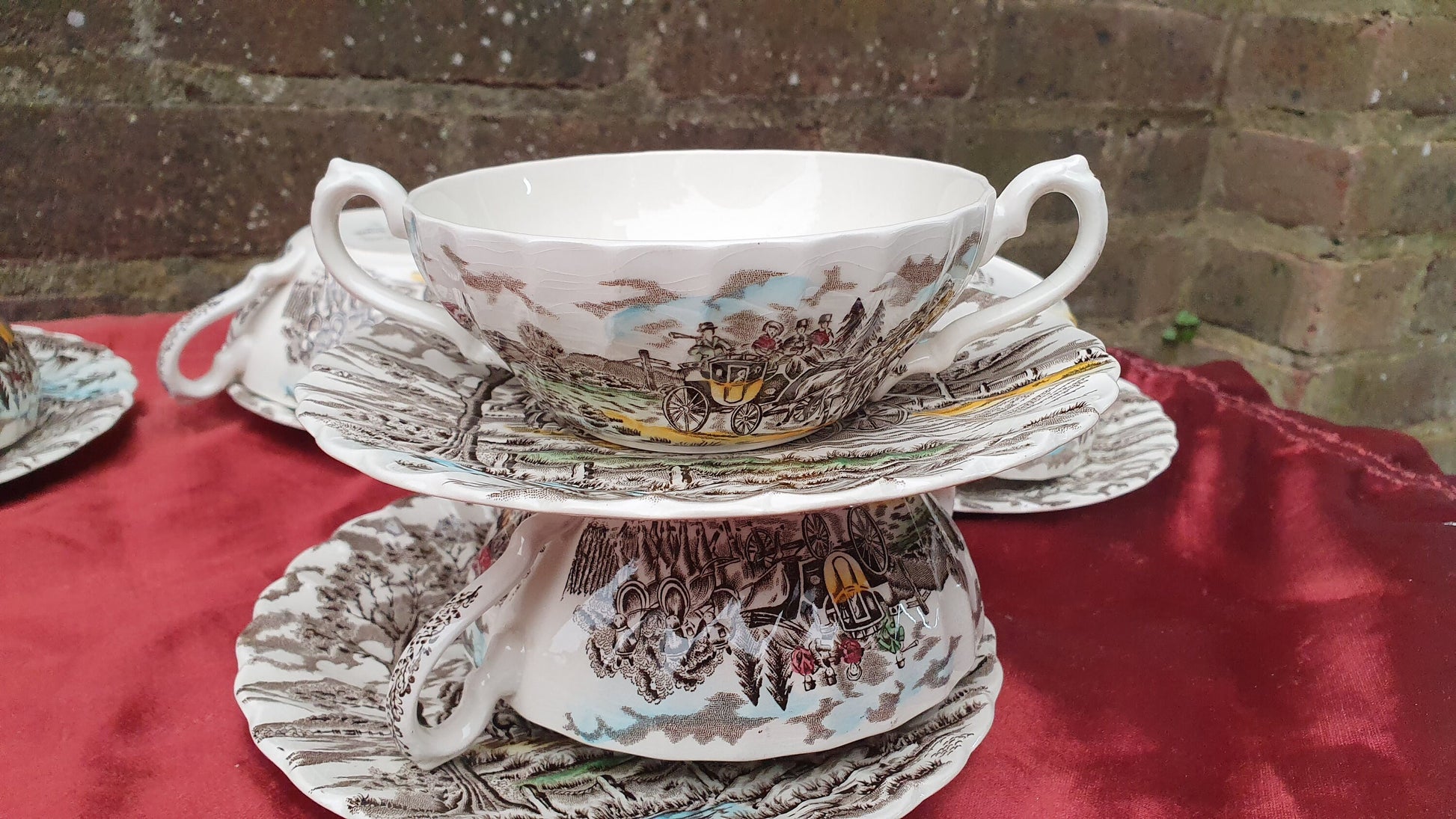 Vintage Soup Bowl Set Myott Royal Mail Staffordshire Ware Ironstone Saucers Coloured