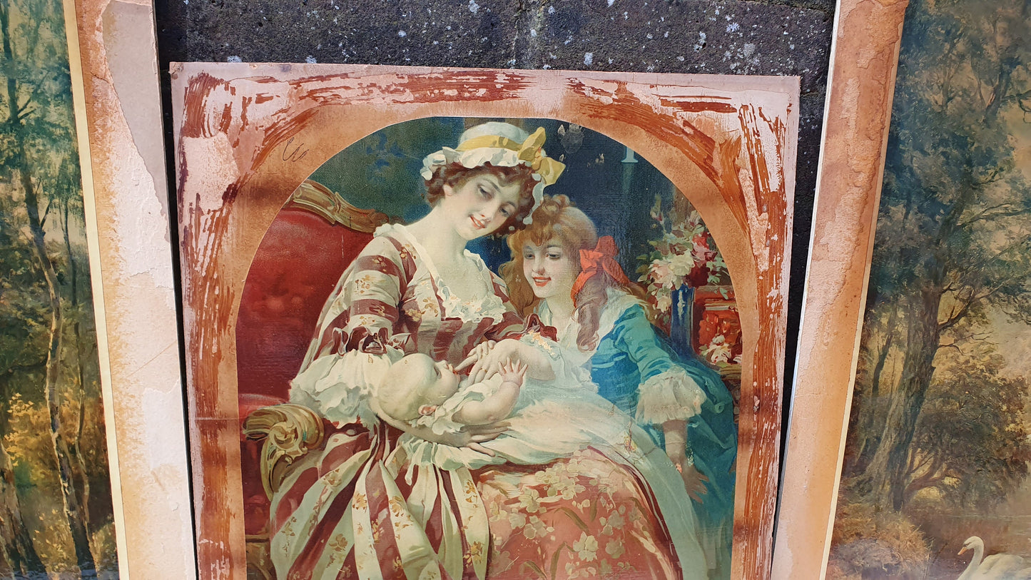 Three Large Vintage Colour Art Prints Country Landscapes Swans Female Portrait with Baby Upcycling Art Project
