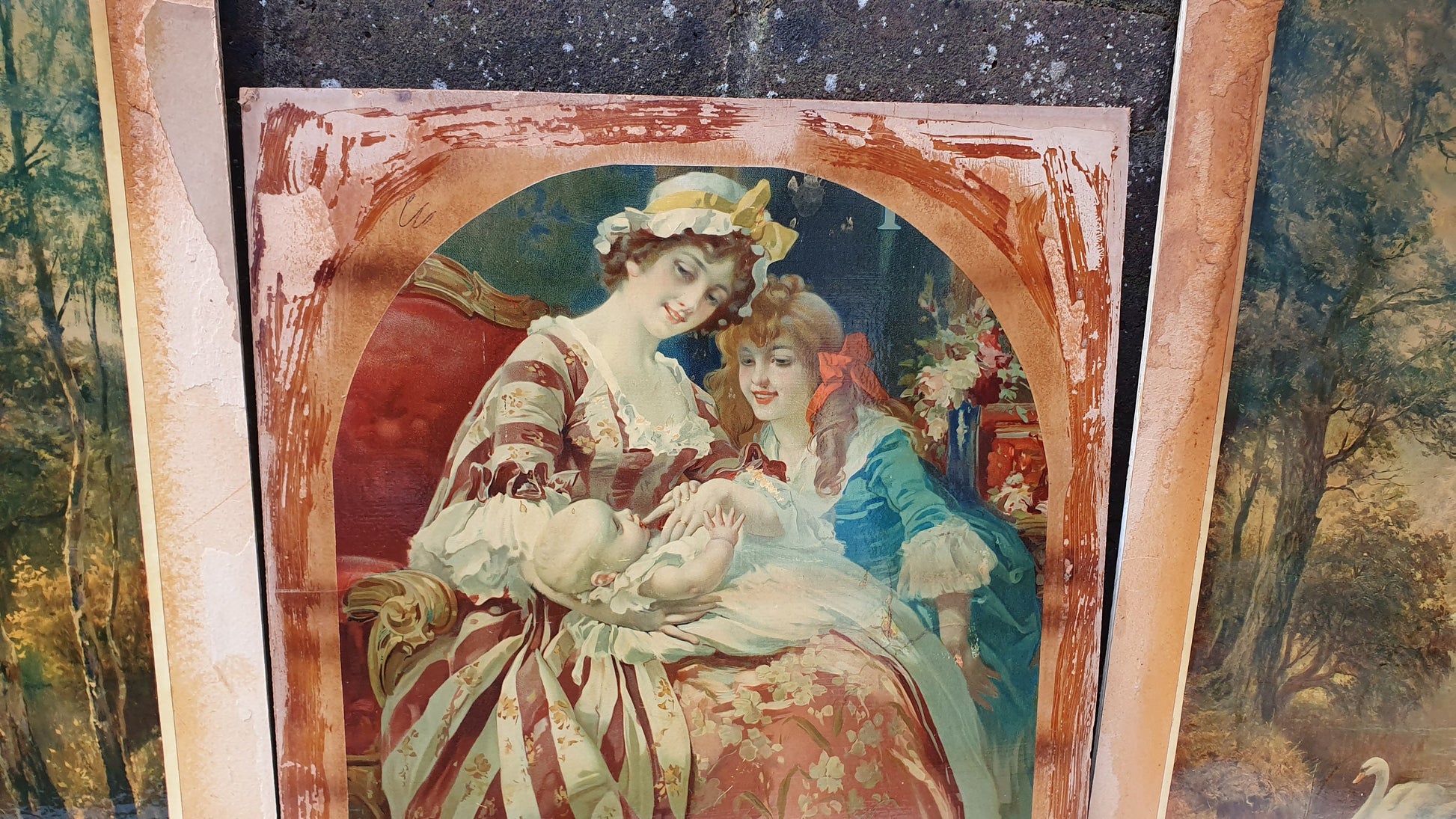 Three Large Vintage Colour Art Prints Country Landscapes Swans Female Portrait with Baby Upcycling Art Project