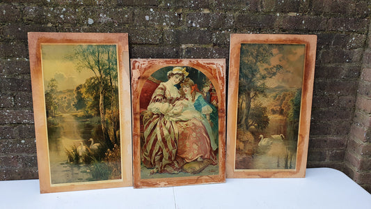 Three Large Vintage Colour Art Prints Country Landscapes Swans Female Portrait with Baby Upcycling Art Project