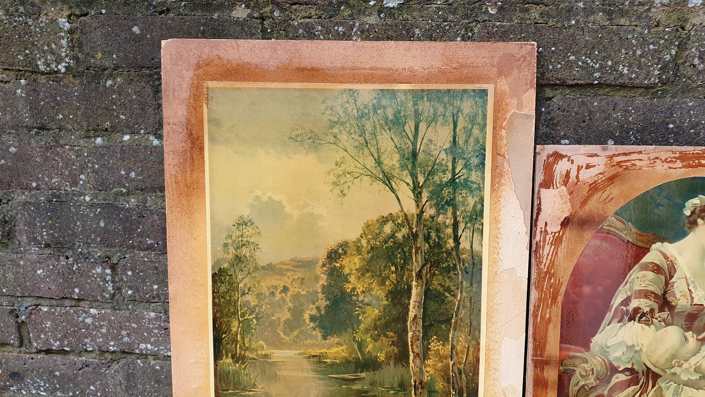 Three Large Vintage Colour Art Prints Country Landscapes Swans Female Portrait with Baby Upcycling Art Project