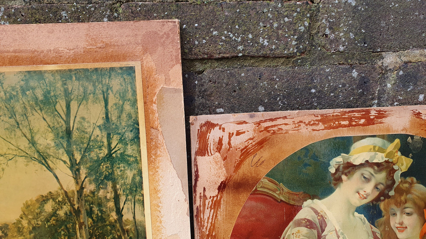 Three Large Vintage Colour Art Prints Country Landscapes Swans Female Portrait with Baby Upcycling Art Project