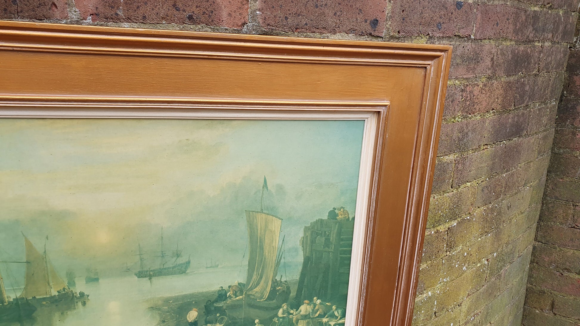 Large Quality 19th Century Harbour Scene Colour Art Print British Coast Nautical Landscape Gold Wood Frame Gilt 79 x 64.5 cm