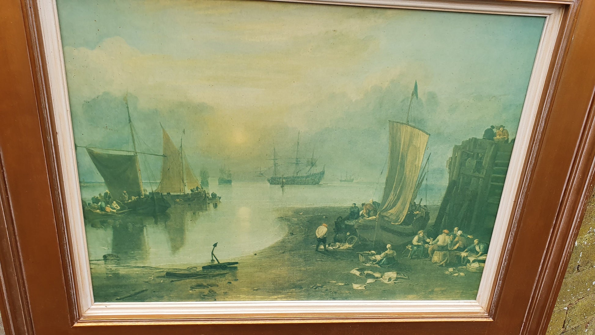 Large Quality 19th Century Harbour Scene Colour Art Print British Coast Nautical Landscape Gold Wood Frame Gilt 79 x 64.5 cm