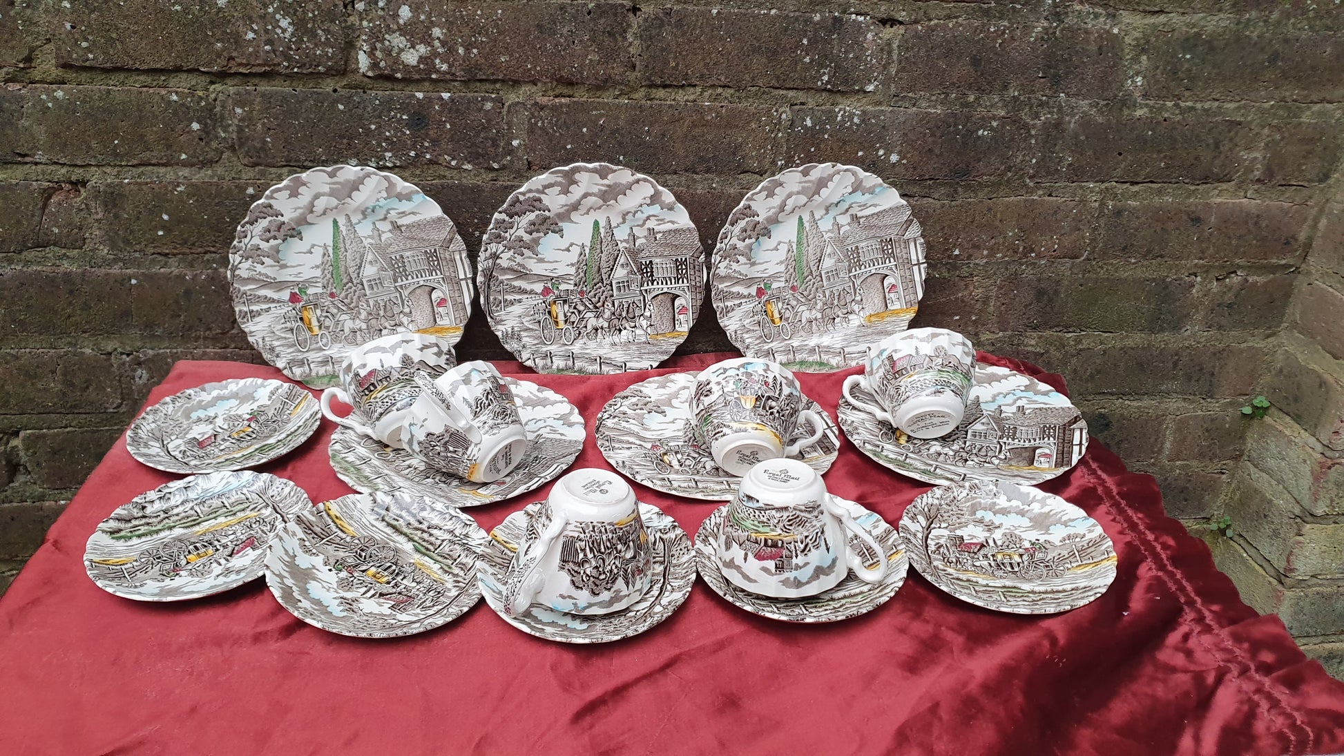 Vintage Tea Set Myott Royal Mail Staffordshire Ware Ironstone Cups Saucers Side Plates Coloured Pattern