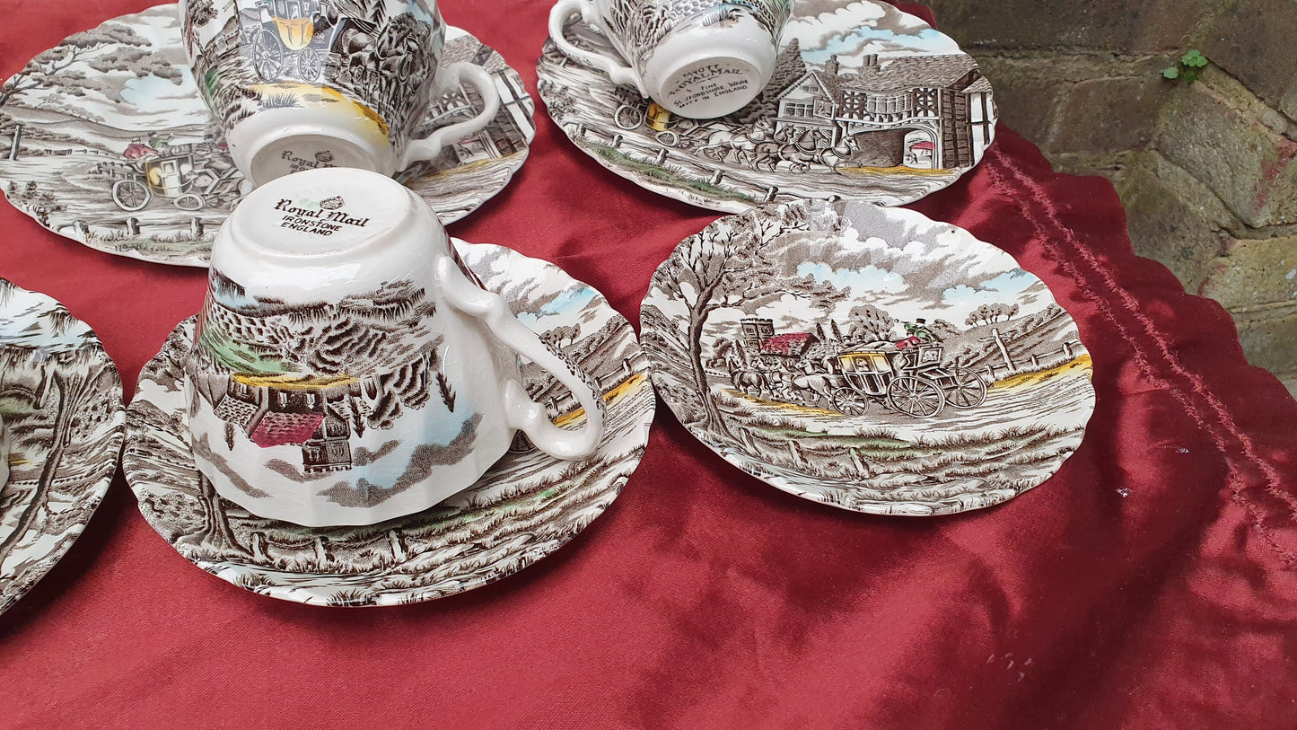 Vintage Tea Set Myott Royal Mail Staffordshire Ware Ironstone Cups Saucers Side Plates Coloured Pattern