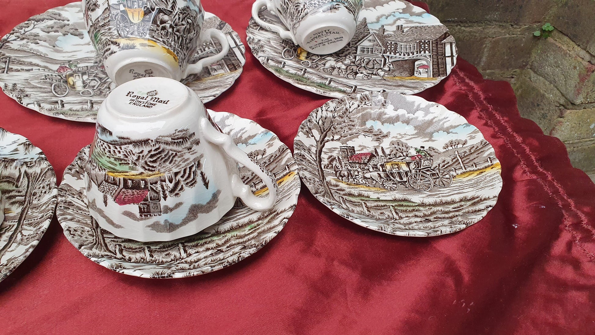 Vintage Tea Set Myott Royal Mail Staffordshire Ware Ironstone Cups Saucers Side Plates Coloured Pattern