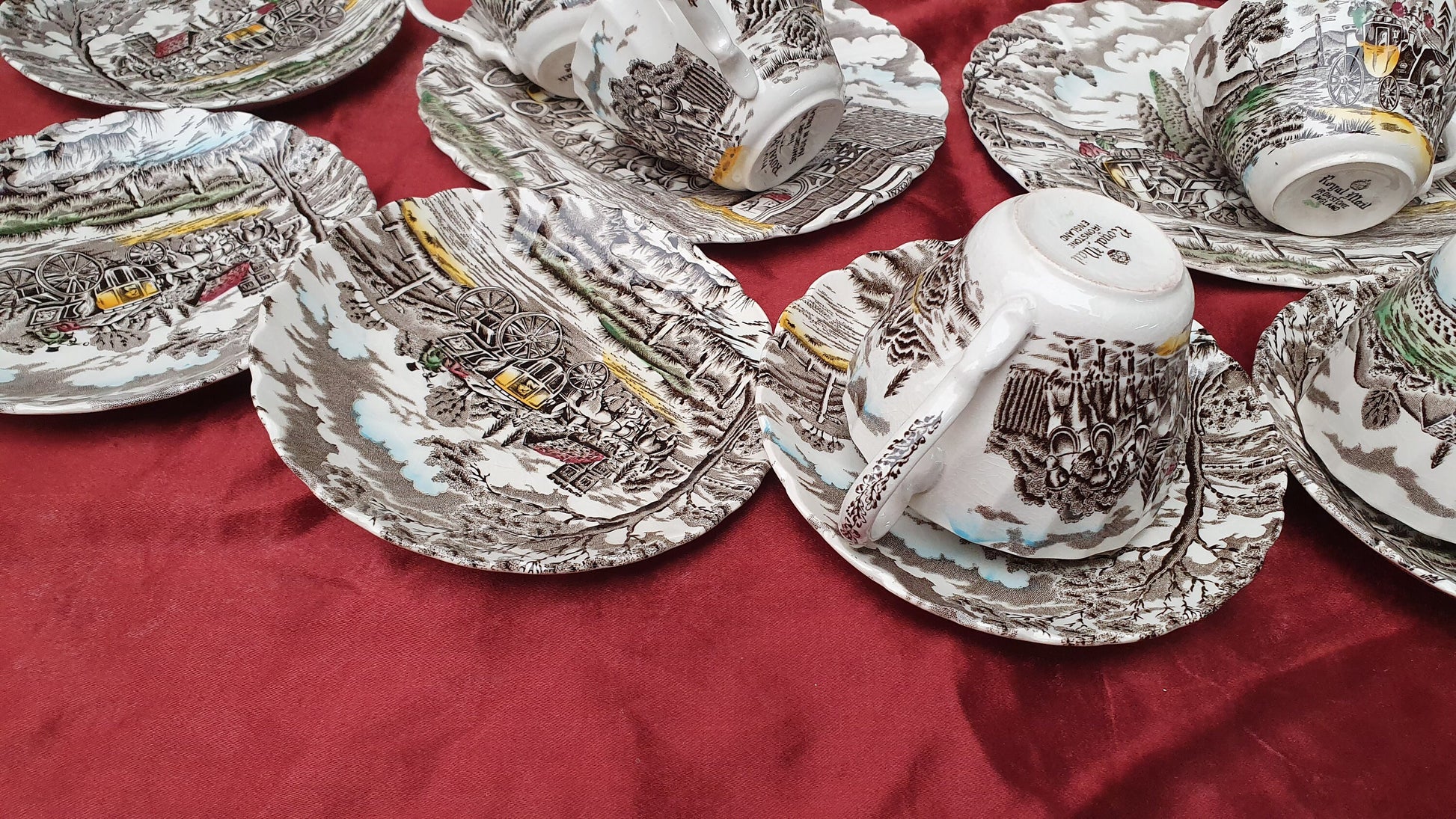 Vintage Tea Set Myott Royal Mail Staffordshire Ware Ironstone Cups Saucers Side Plates Coloured Pattern