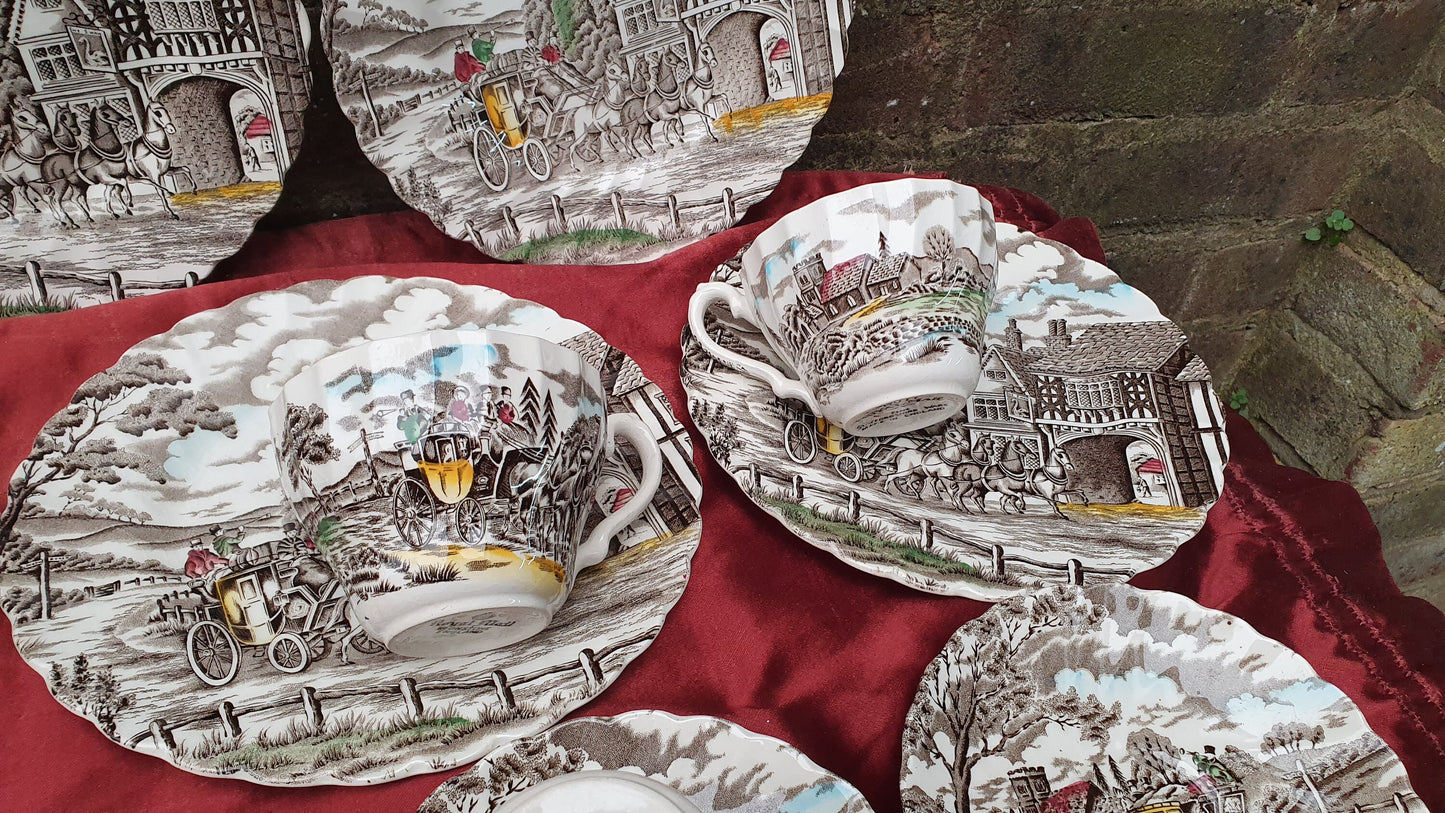 Vintage Tea Set Myott Royal Mail Staffordshire Ware Ironstone Cups Saucers Side Plates Coloured Pattern