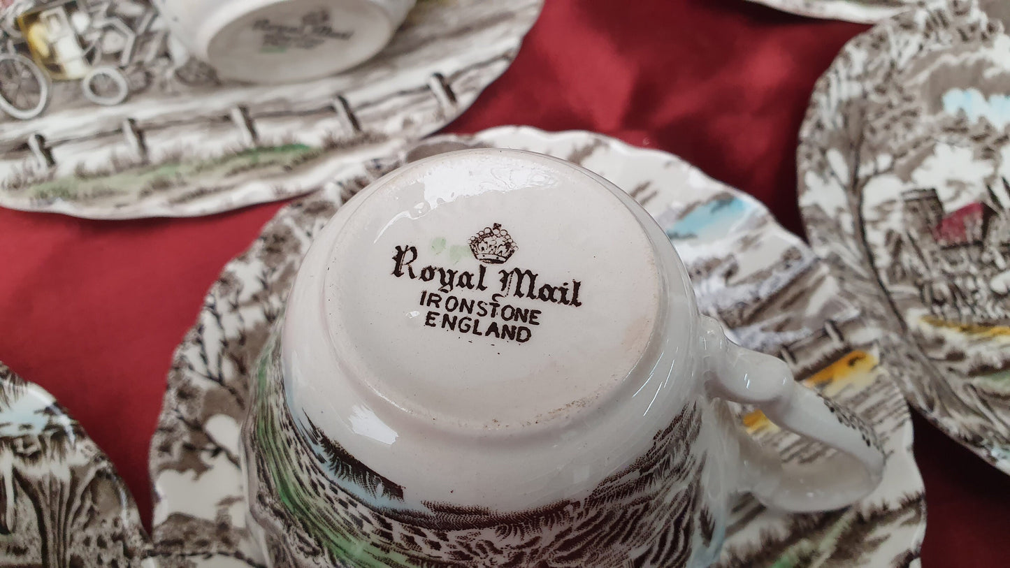 Vintage Tea Set Myott Royal Mail Staffordshire Ware Ironstone Cups Saucers Side Plates Coloured Pattern