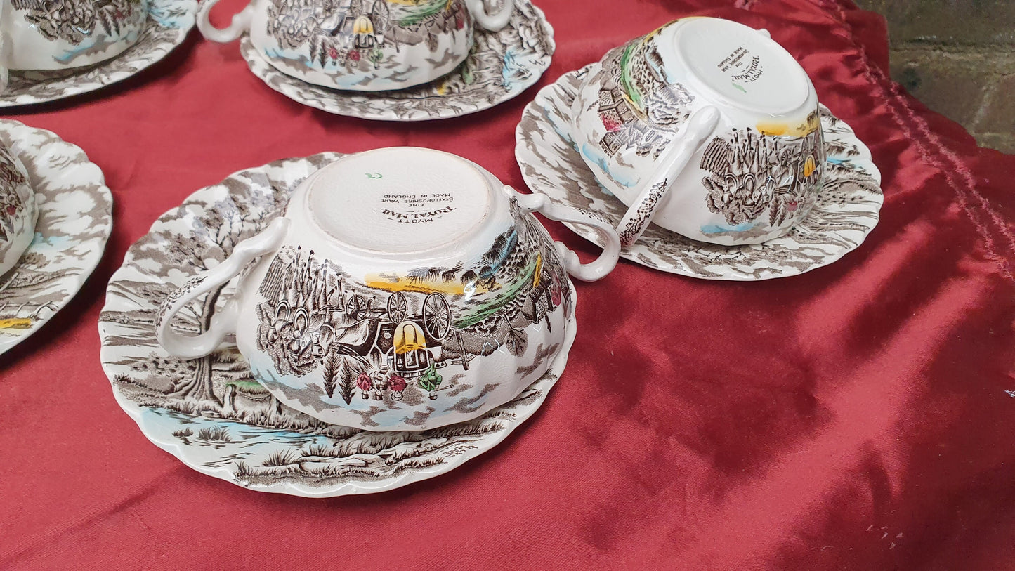Vintage Soup Bowl Set Myott Royal Mail Staffordshire Ware Ironstone Saucers Coloured