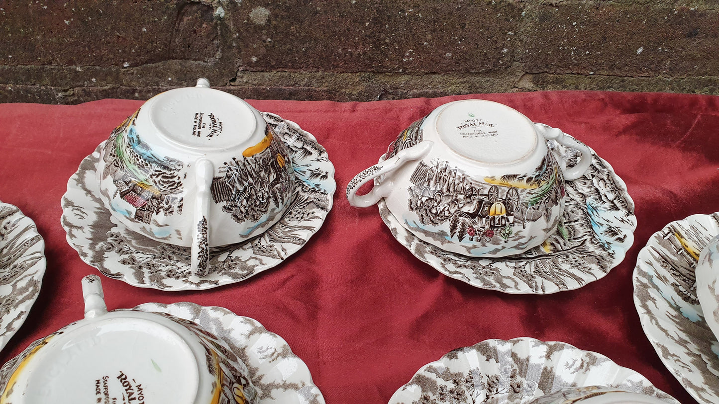 Vintage Soup Bowl Set Myott Royal Mail Staffordshire Ware Ironstone Saucers Coloured