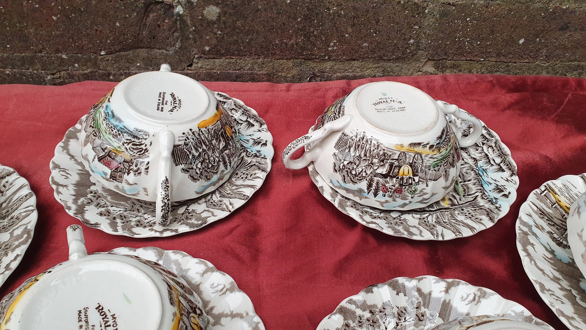 Vintage Soup Bowl Set Myott Royal Mail Staffordshire Ware Ironstone Saucers Coloured