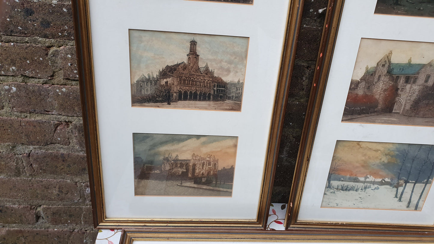 Vintage World War One Colour Art Prints Building Damage Winter France Europe Triple Mount Matching Frames