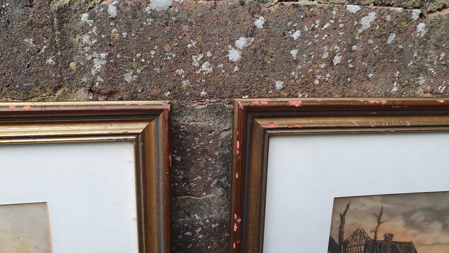 Vintage World War One Colour Art Prints Building Damage Winter France Europe Triple Mount Matching Frames