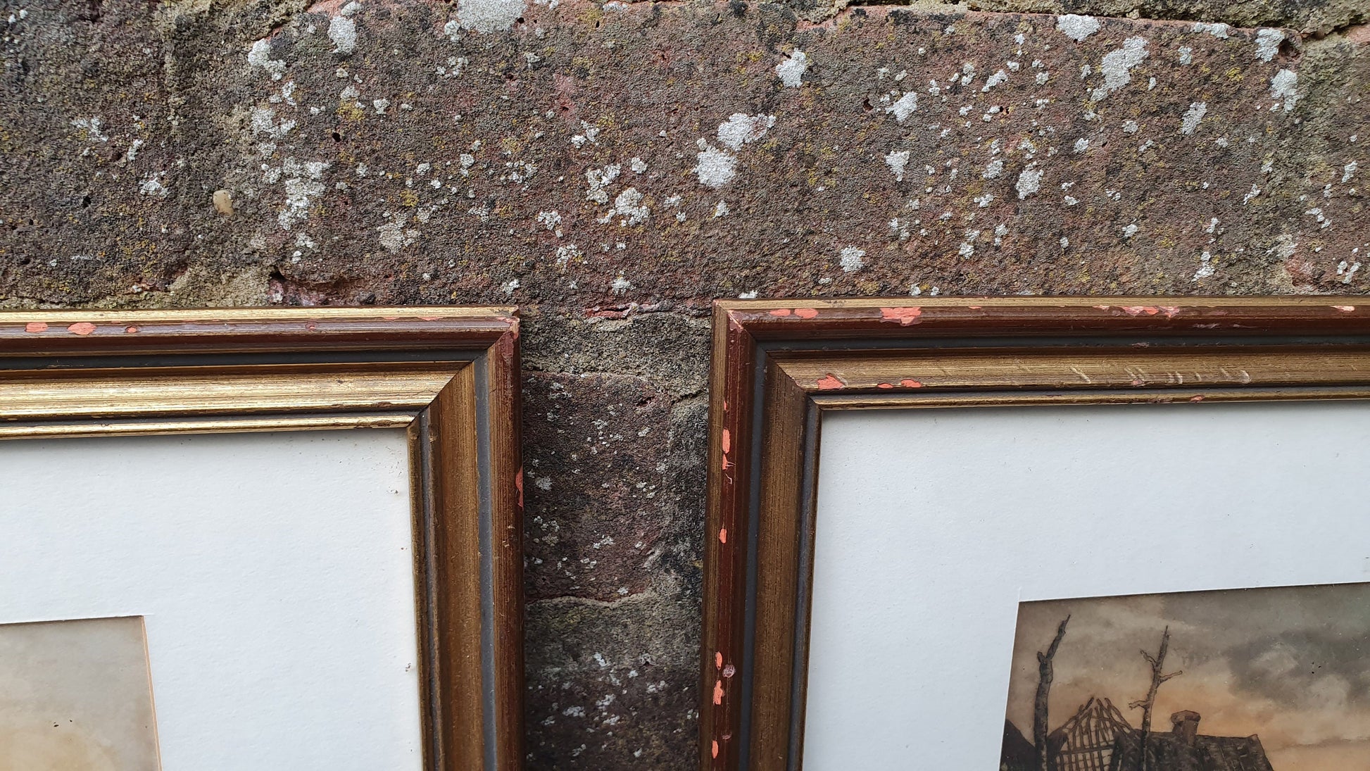 Vintage World War One Colour Art Prints Building Damage Winter France Europe Triple Mount Matching Frames