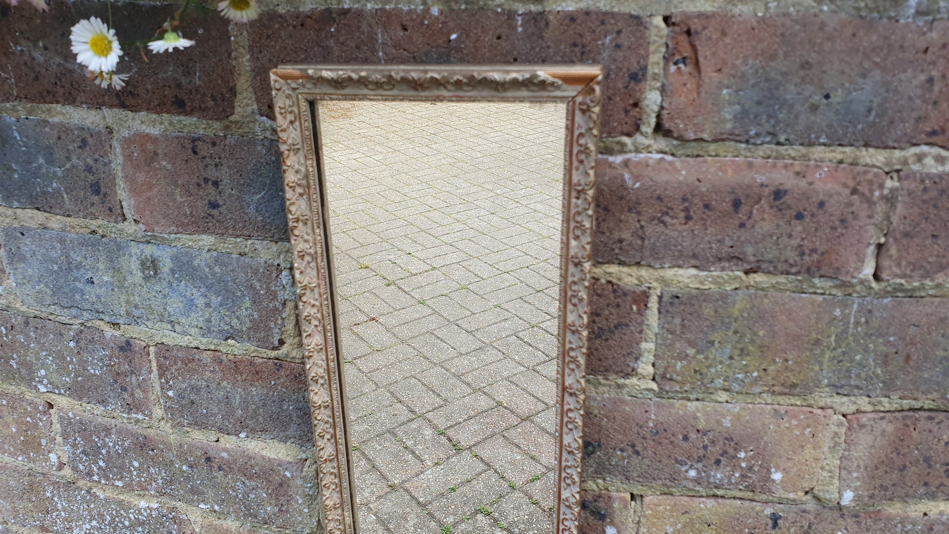 Vintage Painted Cream and Gold Long Wall Mirror.