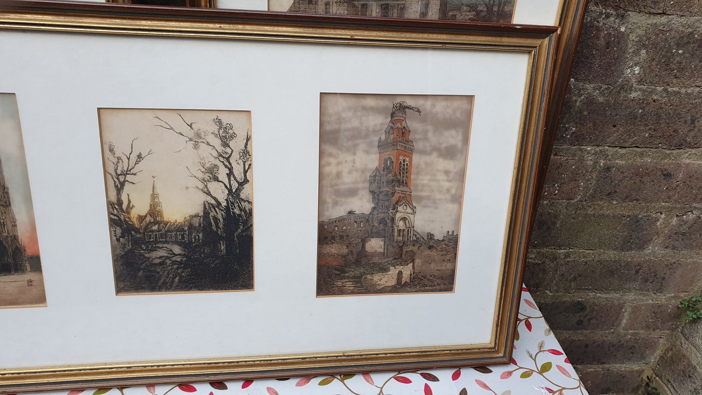 Vintage World War One Colour Art Prints Building Damage Winter France Europe Triple Mount Matching Frames