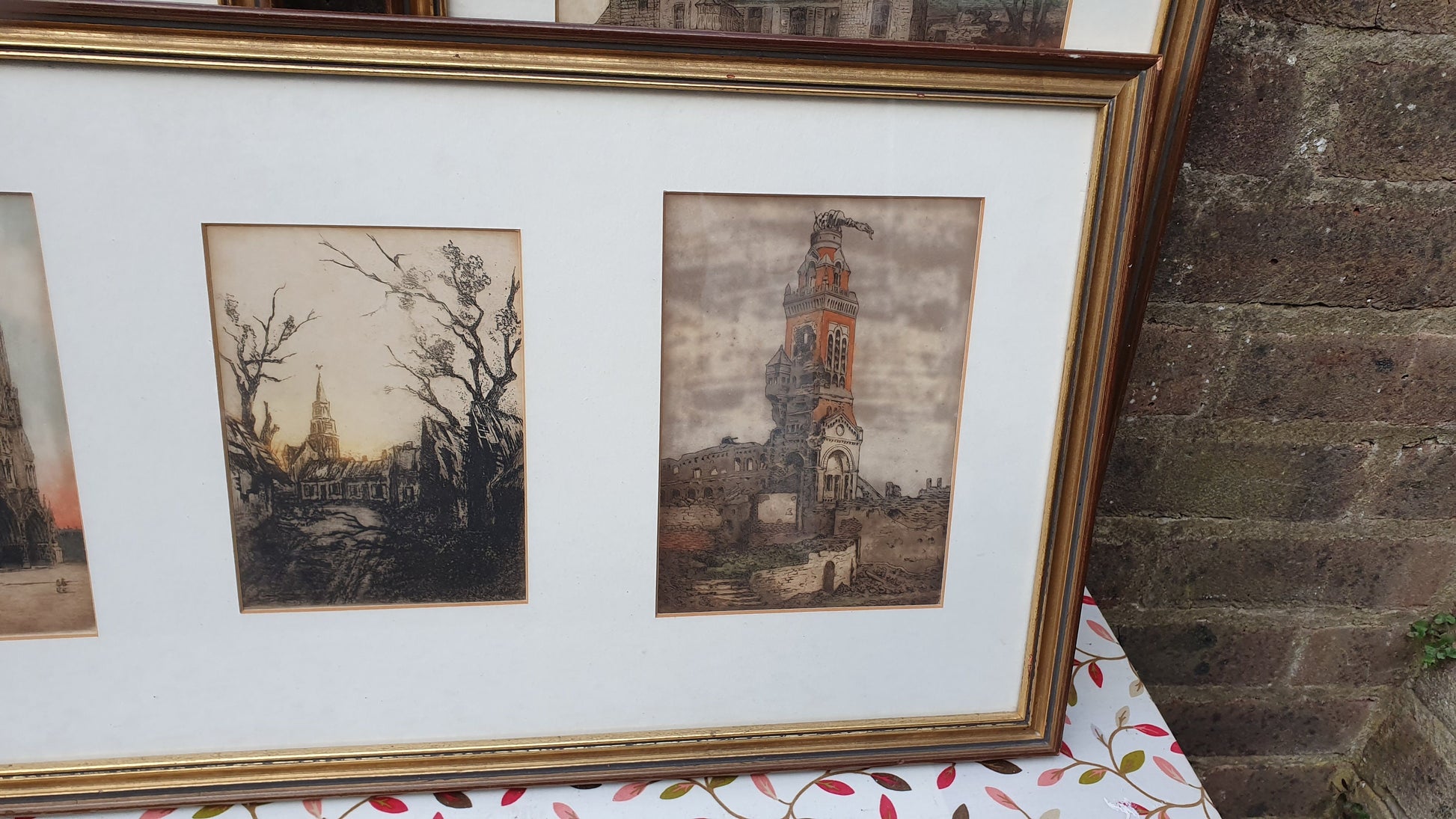 Vintage World War One Colour Art Prints Building Damage Winter France Europe Triple Mount Matching Frames