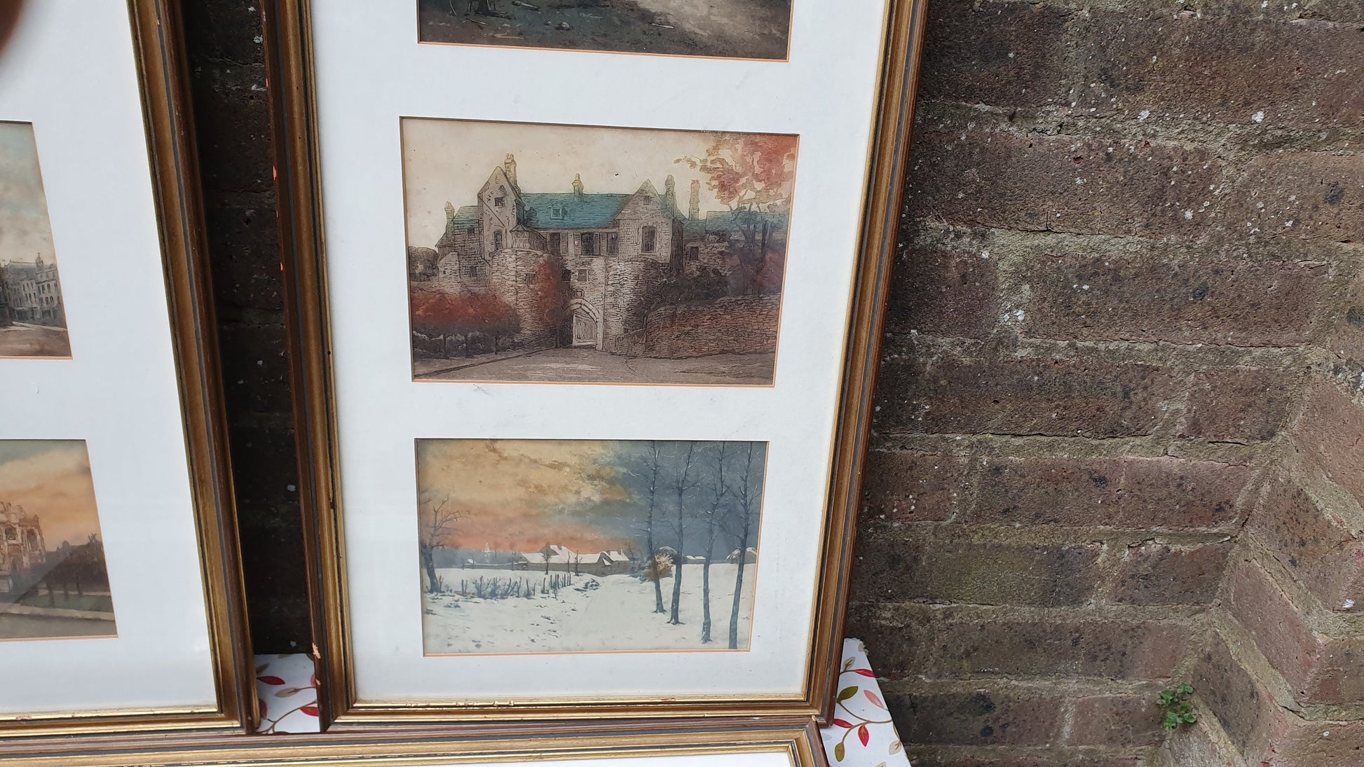 Vintage World War One Colour Art Prints Building Damage Winter France Europe Triple Mount Matching Frames