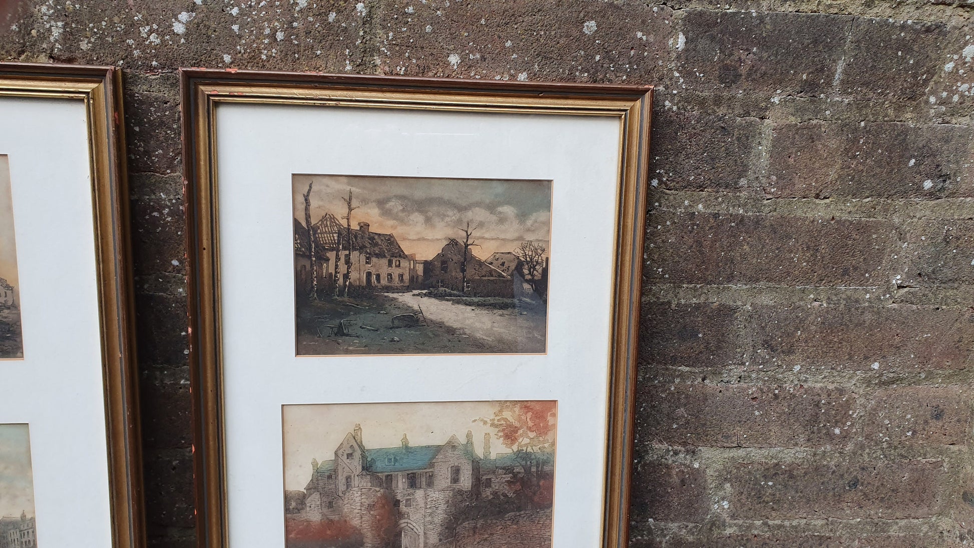 Vintage World War One Colour Art Prints Building Damage Winter France Europe Triple Mount Matching Frames