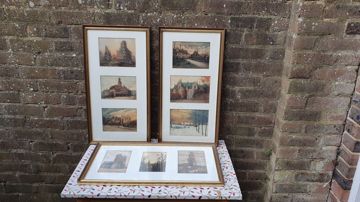 Vintage World War One Colour Art Prints Building Damage Winter France Europe Triple Mount Matching Frames