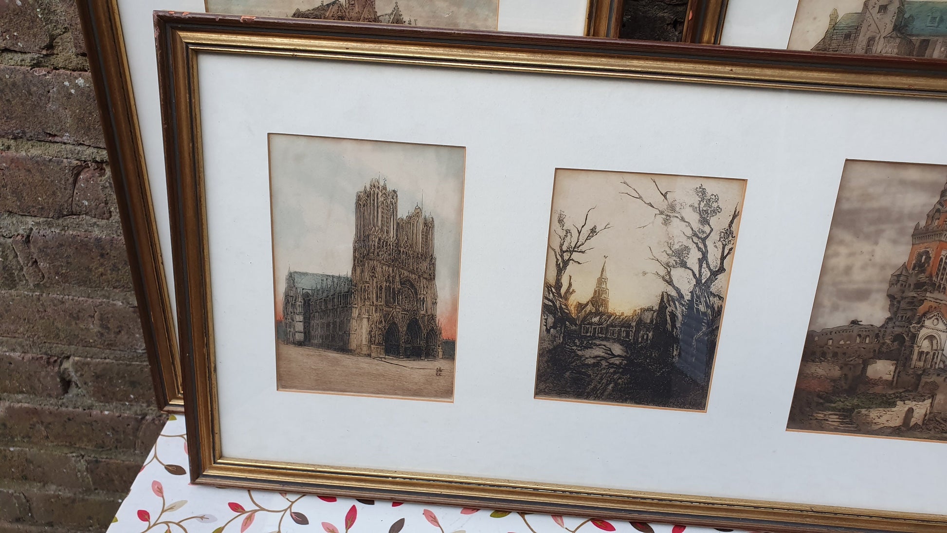 Vintage World War One Colour Art Prints Building Damage Winter France Europe Triple Mount Matching Frames