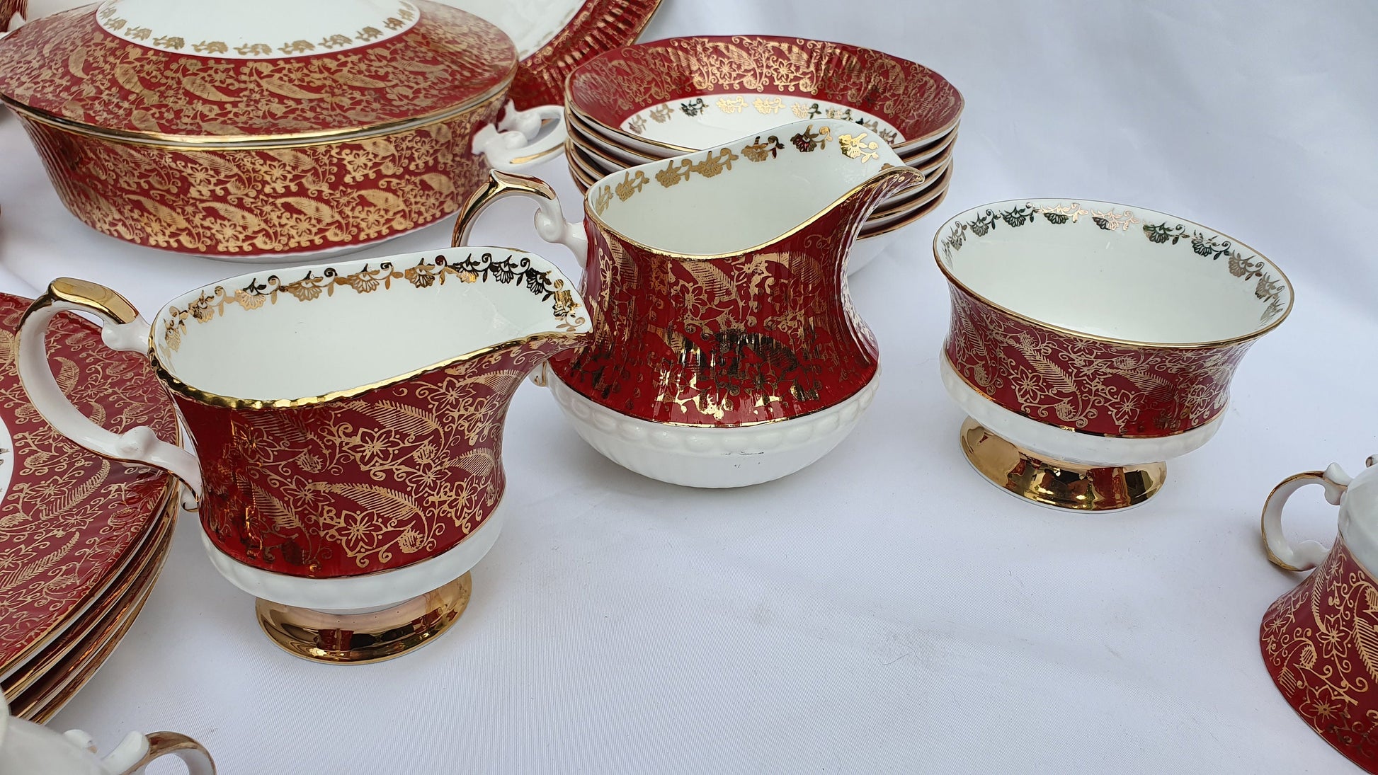 Vintage Chintz Red Gold and White 60’s Dinner and Tea Service Fine Bone China