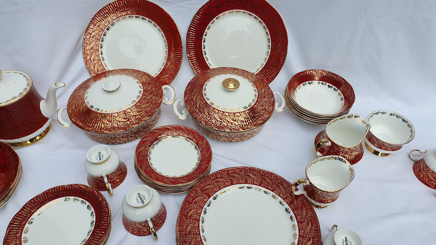 Vintage Chintz Red Gold and White 60’s Dinner and Tea Service Fine Bone China