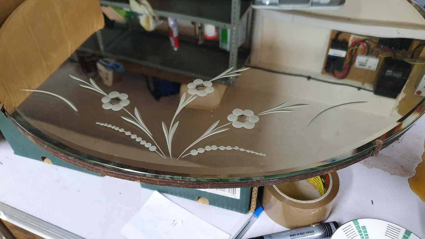 Large Vintage Retro Round Mirror Etched Flower Decoration 60 cm Diameter