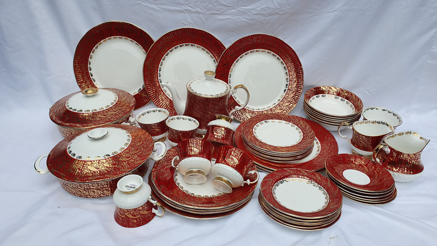 Vintage Chintz Red Gold and White 60’s Dinner and Tea Service Fine Bone China