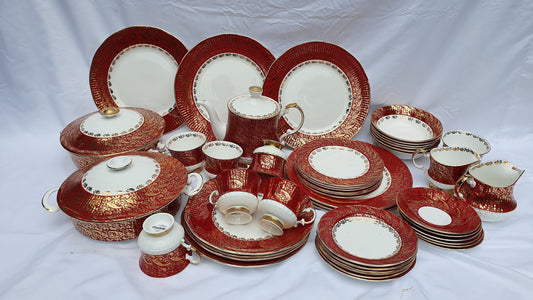 Vintage Chintz Red Gold and White 60’s Dinner and Tea Service Fine Bone China