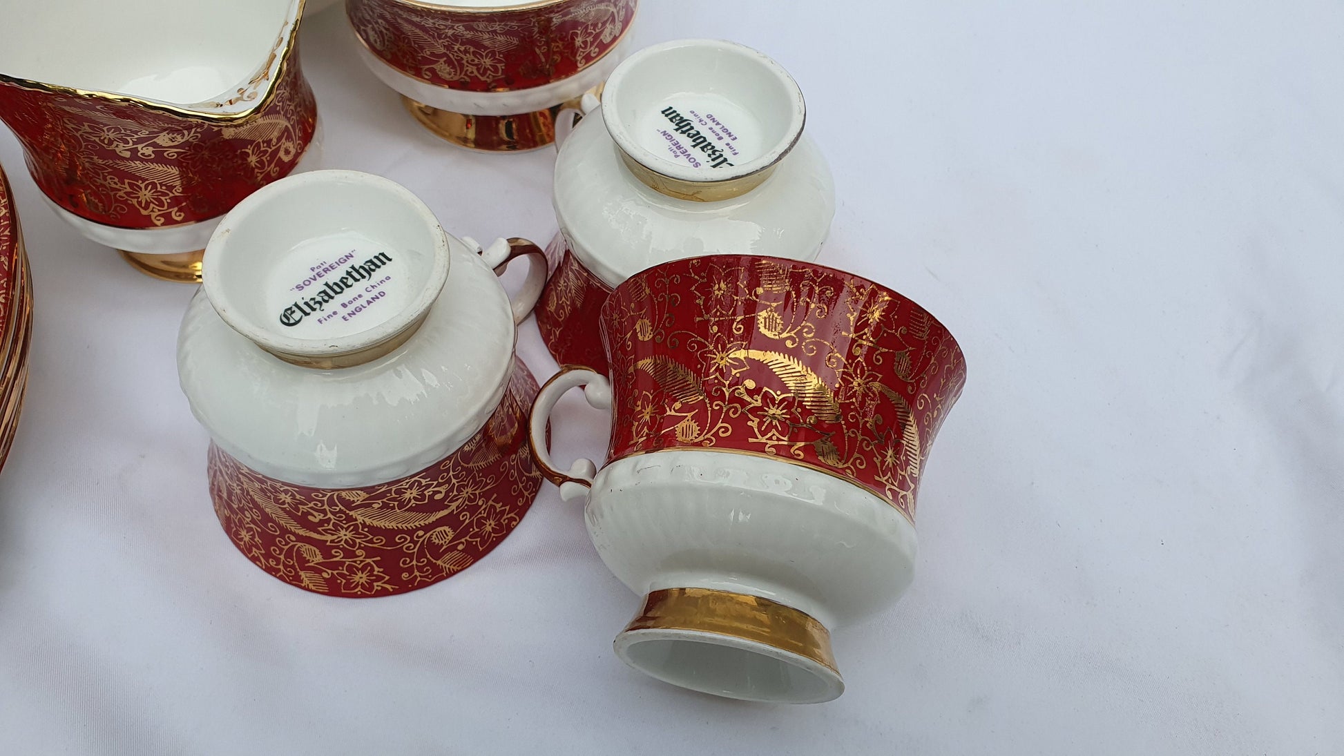 Vintage Chintz Red Gold and White 60’s Dinner and Tea Service Fine Bone China