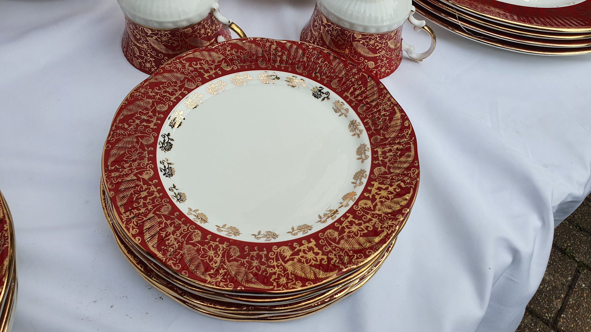 Vintage Chintz Red Gold and White 60’s Dinner and Tea Service Fine Bone China