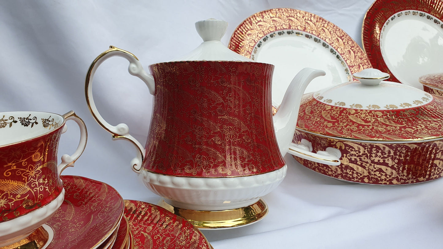 Vintage Chintz Red Gold and White 60’s Dinner and Tea Service Fine Bone China