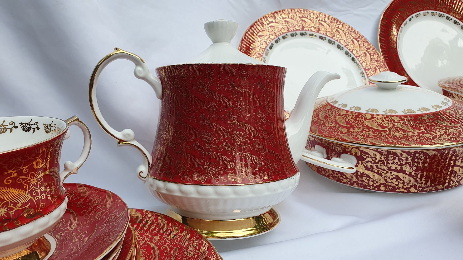 Vintage Chintz Red Gold and White 60’s Dinner and Tea Service Fine Bone China