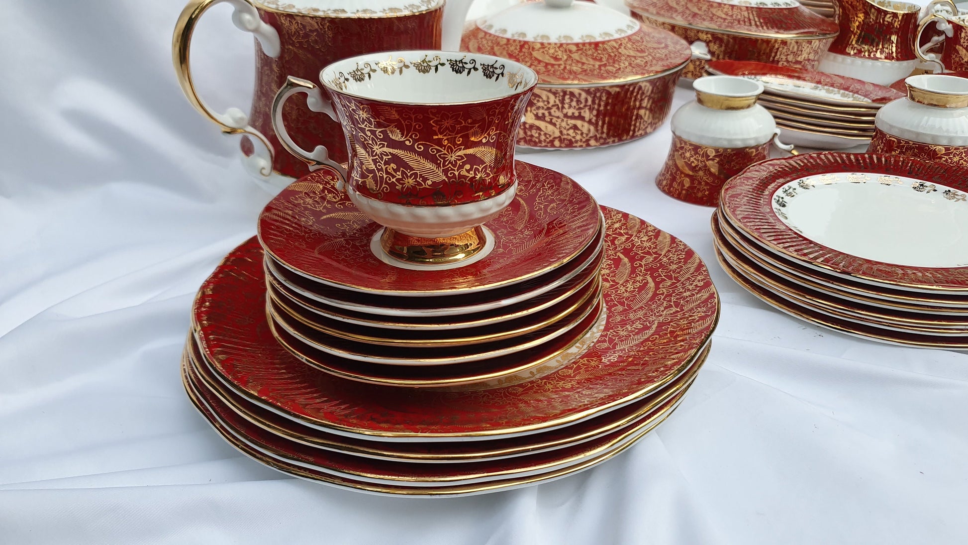 Vintage Chintz Red Gold and White 60’s Dinner and Tea Service Fine Bone China