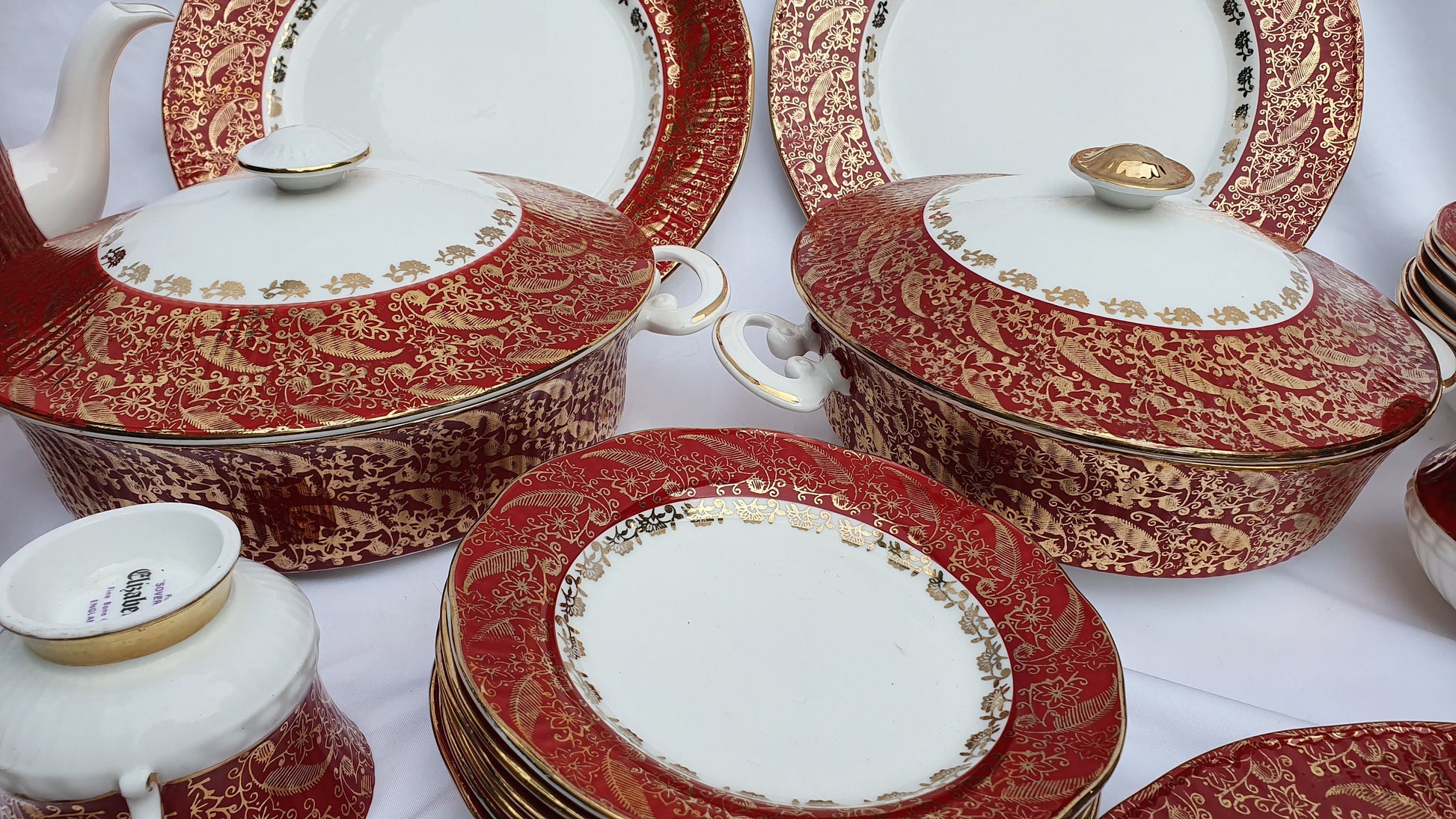 Vintage Chintz Red Gold and White 60’s Dinner and Tea Service Fine Bone China