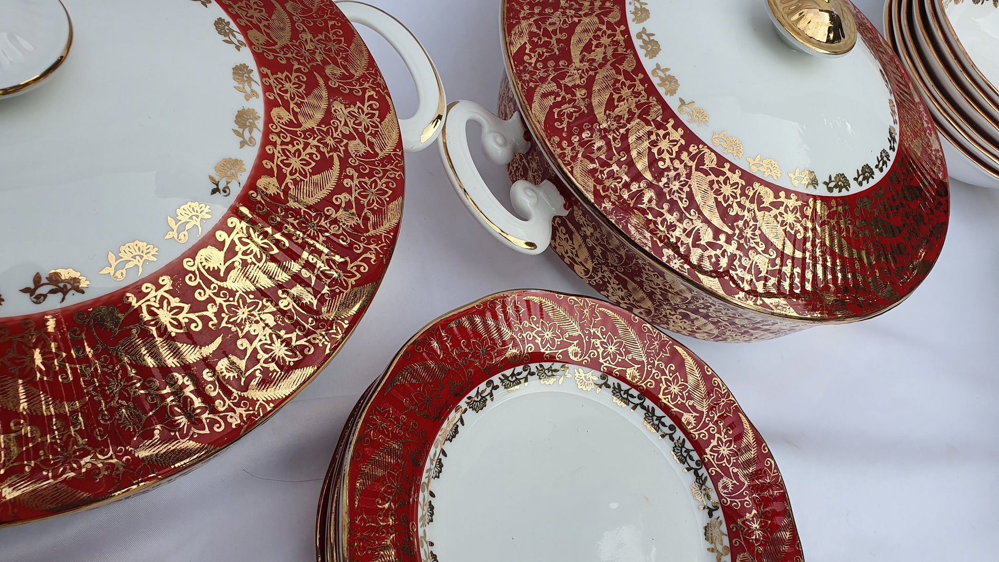 Vintage Chintz Red Gold and White 60’s Dinner and Tea Service Fine Bone China