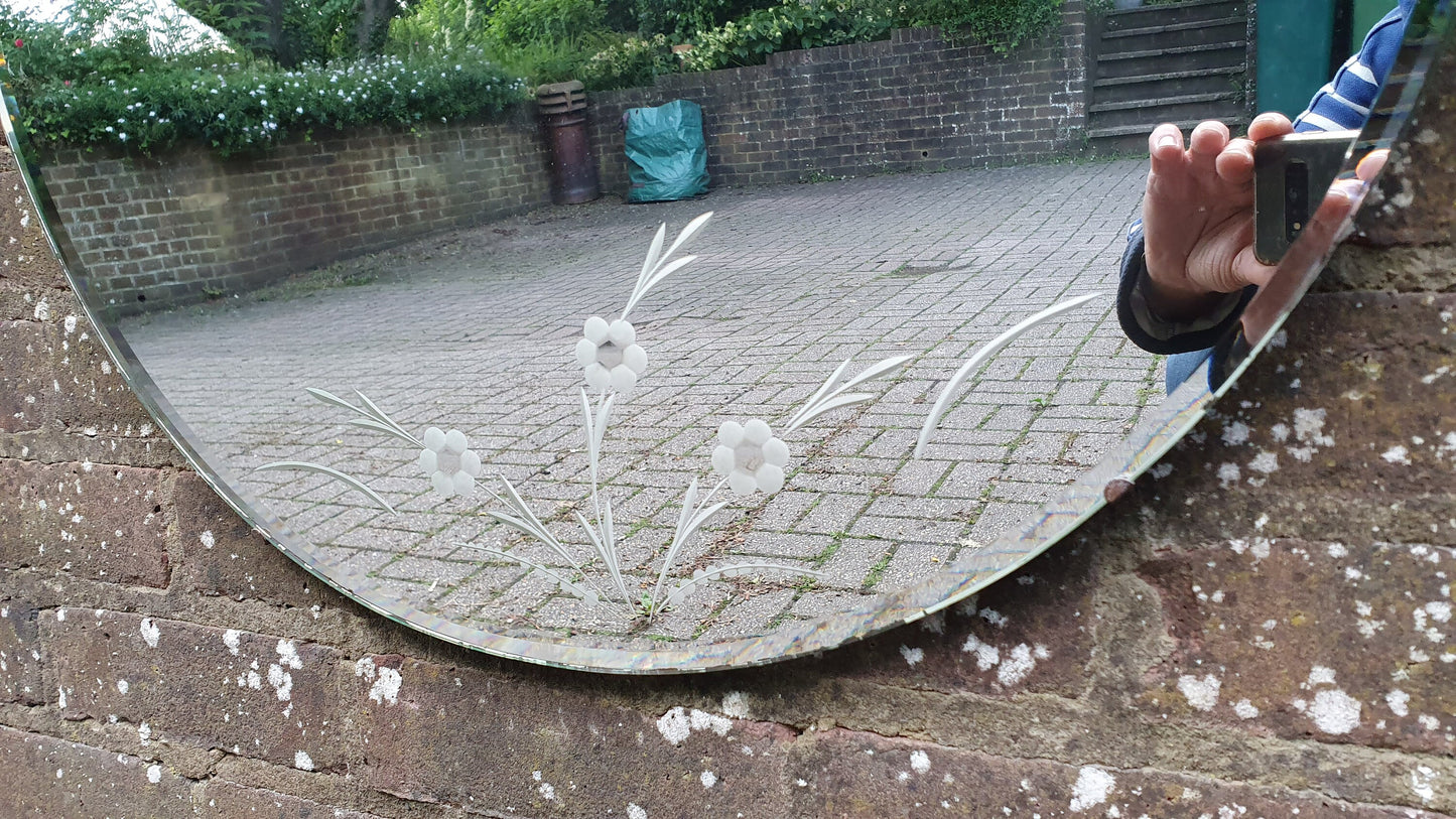 Large Vintage Retro Round Mirror Etched Flower Decoration 60 cm Diameter