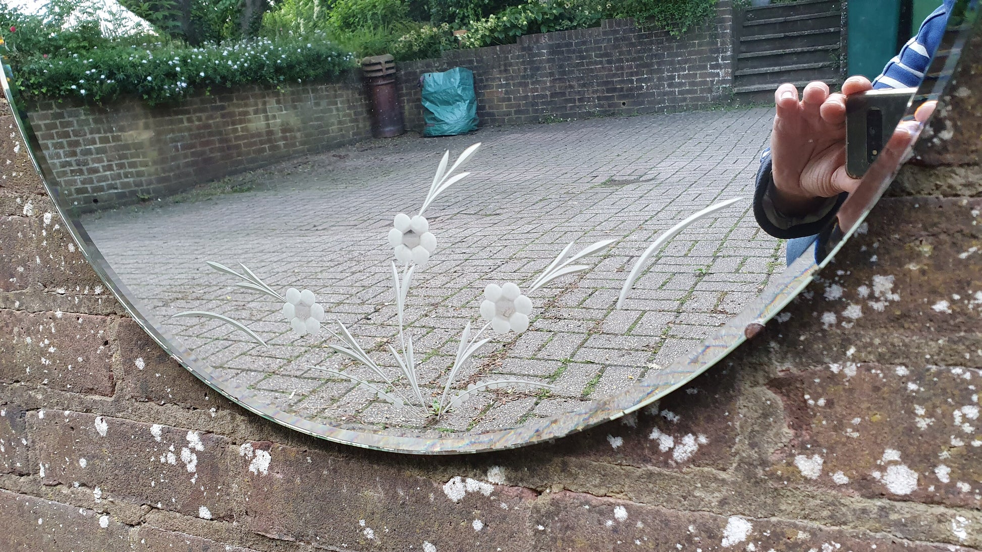 Large Vintage Retro Round Mirror Etched Flower Decoration 60 cm Diameter