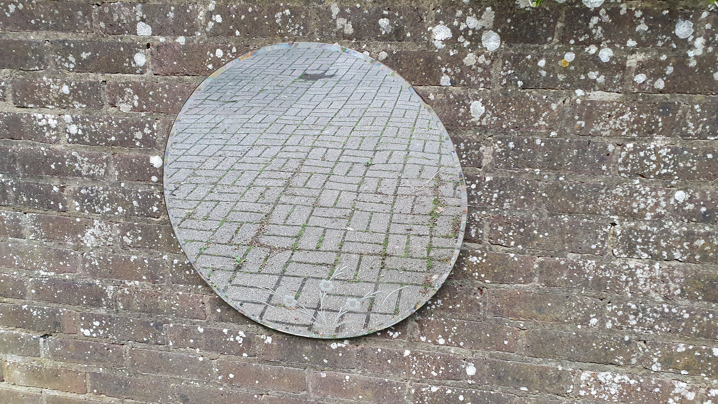 Large Vintage Retro Round Mirror Etched Flower Decoration 60 cm Diameter