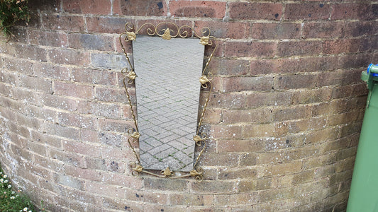 Vintage Retro Long Gold Gilt Metal Wall Mirror Kitsch Leaf Leaves Decoration