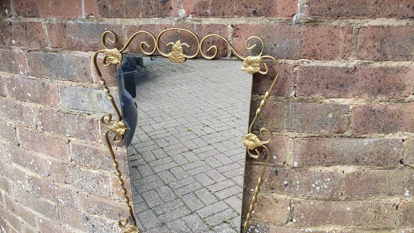 Vintage Retro Long Gold Gilt Metal Wall Mirror Kitsch Leaf Leaves Decoration